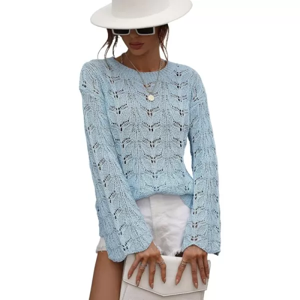 chouyatou Womens Spring Bell Sleeve Crochet Sweater Boho Hollow Out Pullover Sweater Tops BlouseLight Blue