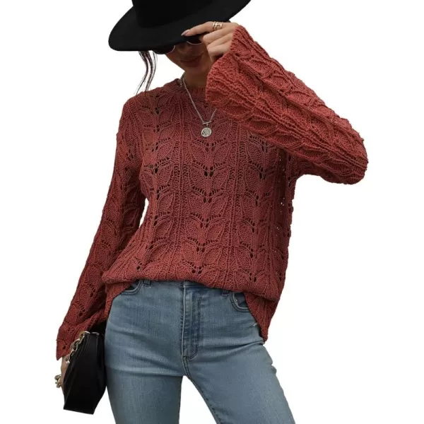 chouyatou Womens Spring Bell Sleeve Crochet Sweater Boho Hollow Out Pullover Sweater Tops BlouseRust Red