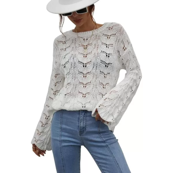 chouyatou Womens Spring Bell Sleeve Crochet Sweater Boho Hollow Out Pullover Sweater Tops BlouseWhite