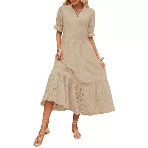 chouyatou Womens Summer Boho Embroidery Eyelet Dress VNeck Collared Tiered Midi Tunic DressKhaki