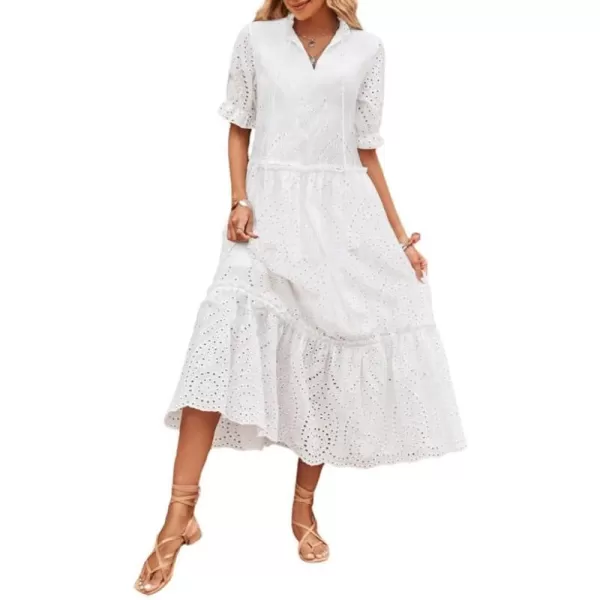 chouyatou Womens Summer Boho Embroidery Eyelet Dress VNeck Collared Tiered Midi Tunic DressWhite
