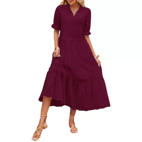 chouyatou Womens Summer Boho Embroidery Eyelet Dress VNeck Collared Tiered Midi Tunic DressWine Red