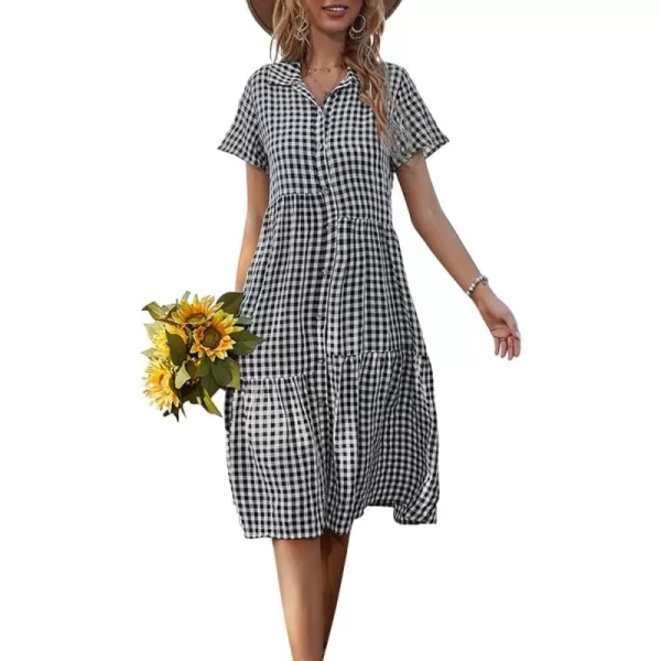 chouyatou Womens Summer Flutter Sleeve Midi Long Gingham Dress Plaid Button Down Shirt DressBlack