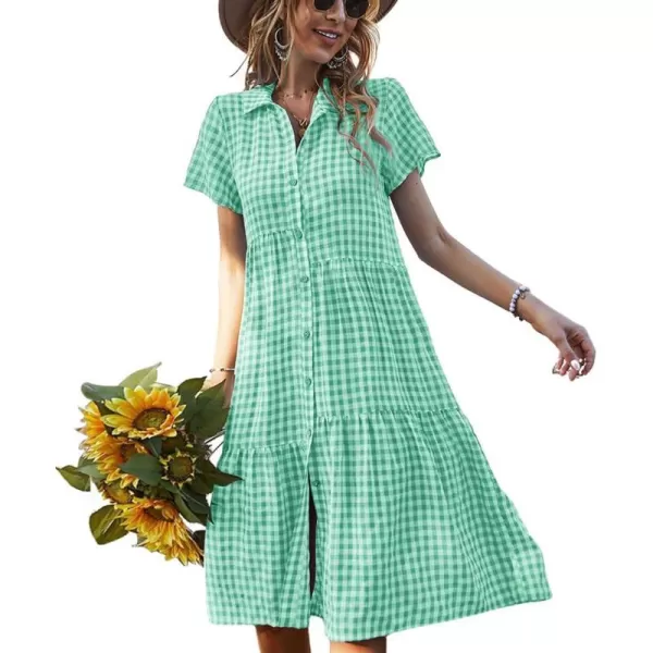 chouyatou Womens Summer Flutter Sleeve Midi Long Gingham Dress Plaid Button Down Shirt DressGreen