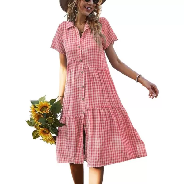 chouyatou Womens Summer Flutter Sleeve Midi Long Gingham Dress Plaid Button Down Shirt DressPink