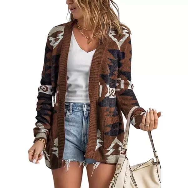 chouyatou Womens Tribal Aztec Print Sweater Open Front Knitted Jacquard Cardigan SweaterCoffee