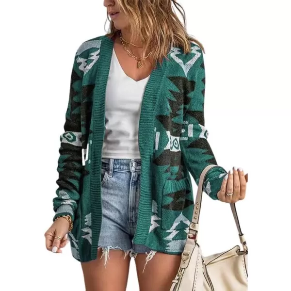 chouyatou Womens Tribal Aztec Print Sweater Open Front Knitted Jacquard Cardigan SweaterGreen