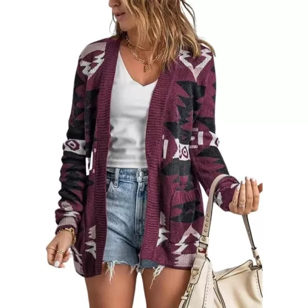 chouyatou Womens Tribal Aztec Print Sweater Open Front Knitted Jacquard Cardigan SweaterPurple