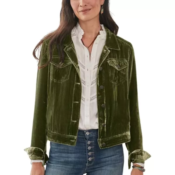 chouyatou Womens Velvet Trucker Jacket Button Down Cropped Cargo Office Shacket TopsArmy Green