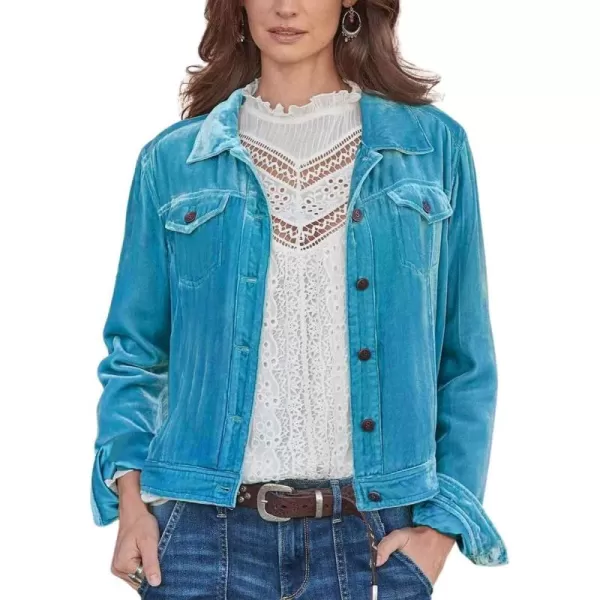 chouyatou Womens Velvet Trucker Jacket Button Down Cropped Cargo Office Shacket TopsBlue