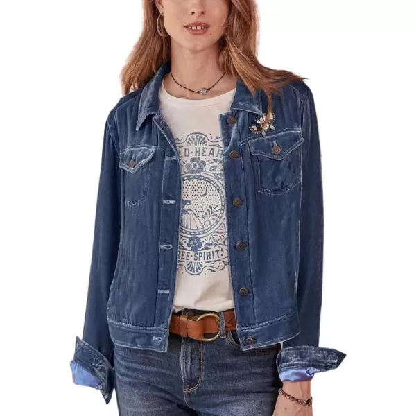 chouyatou Womens Velvet Trucker Jacket Button Down Cropped Cargo Office Shacket TopsDark Blue