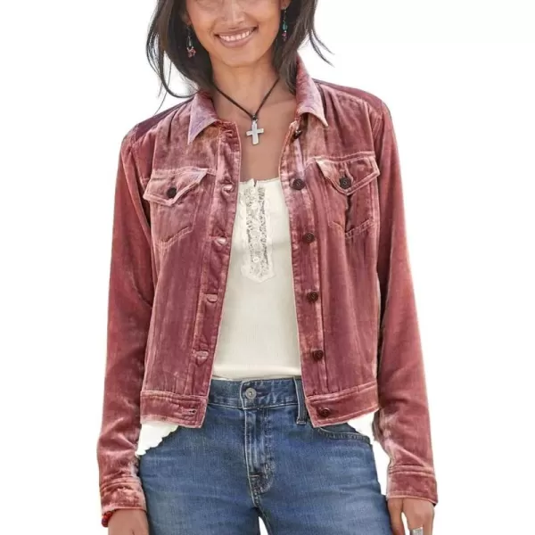 chouyatou Womens Velvet Trucker Jacket Button Down Cropped Cargo Office Shacket TopsPink