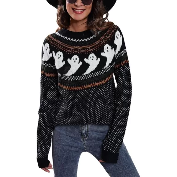 chouyatou Womens Vintage Fair Isle Ghost Pattern Crewneck Knitted Pullover SweaterBlack