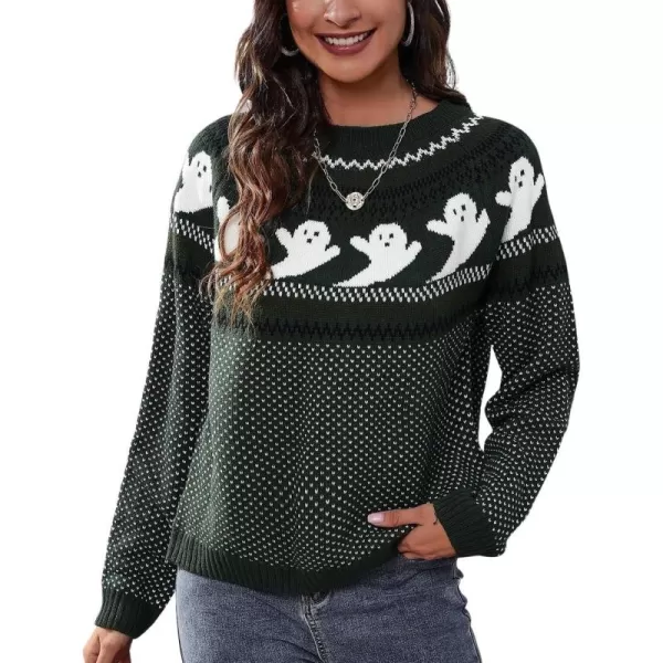 chouyatou Womens Vintage Fair Isle Ghost Pattern Crewneck Knitted Pullover SweaterDark Green