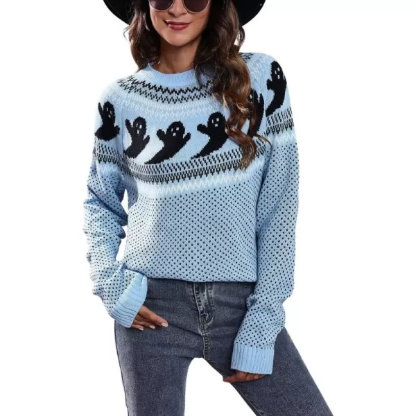 chouyatou Womens Vintage Fair Isle Ghost Pattern Crewneck Knitted Pullover SweaterLight Blue