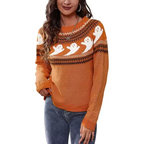 chouyatou Womens Vintage Fair Isle Ghost Pattern Crewneck Knitted Pullover SweaterOrange
