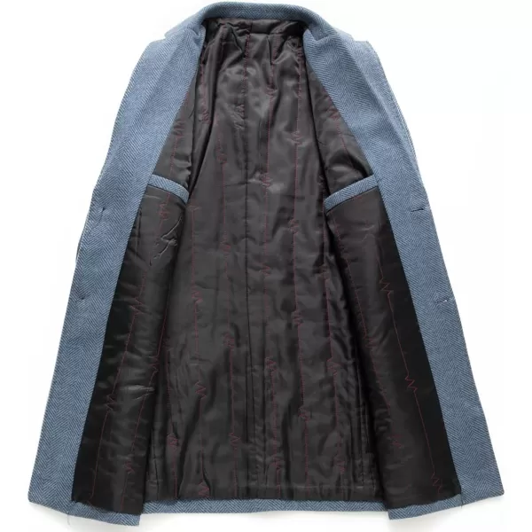 chouyatou Mens Business Winter Notched Collar Thicked 2 Button Slim Long Sleeve Herringbone Wool Blend Trench OvercoatBlue