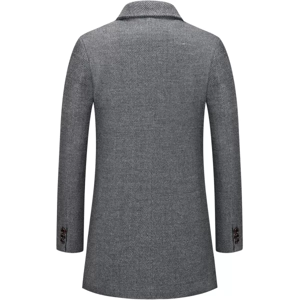 chouyatou Mens Business Winter Notched Collar Thicked 2 Button Slim Long Sleeve Herringbone Wool Blend Trench OvercoatGrey