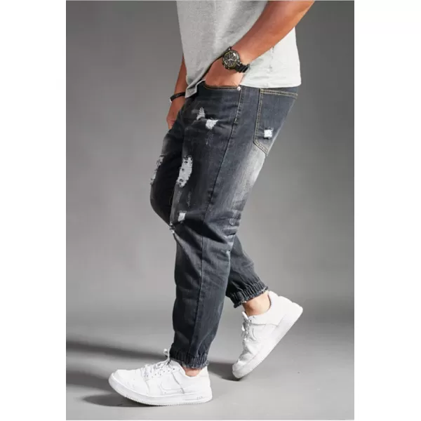 chouyatou Mens Casual Distressed Style Tapered Leg Harem Jogger Jeans Crop Denim PantsBlack