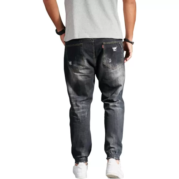 chouyatou Mens Casual Distressed Style Tapered Leg Harem Jogger Jeans Crop Denim PantsBlack