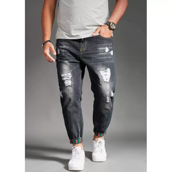 chouyatou Mens Casual Distressed Style Tapered Leg Harem Jogger Jeans Crop Denim PantsBlack