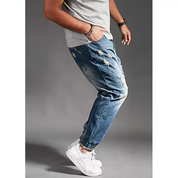 chouyatou Mens Casual Distressed Style Tapered Leg Harem Jogger Jeans Crop Denim PantsBlue