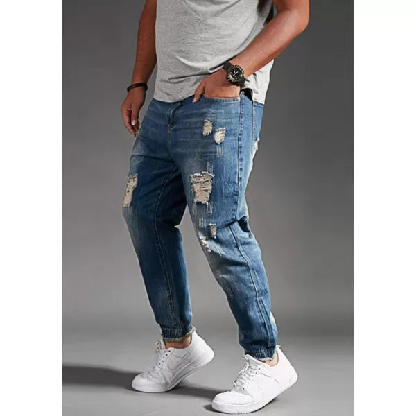 chouyatou Mens Casual Distressed Style Tapered Leg Harem Jogger Jeans Crop Denim PantsBlue