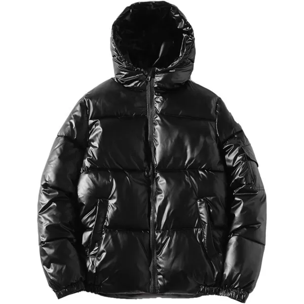 chouyatou Mens Casual Hooded Full Zip Metallic Shiny Short Bomber Alternative Down CoatBlack