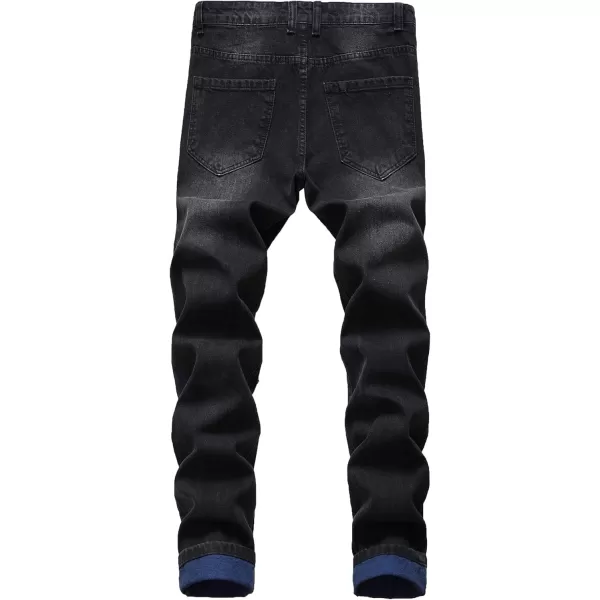 chouyatou Mens Color Block Frayed Holes Lightweight Distressed Ripped Jeans Denim PantBlack