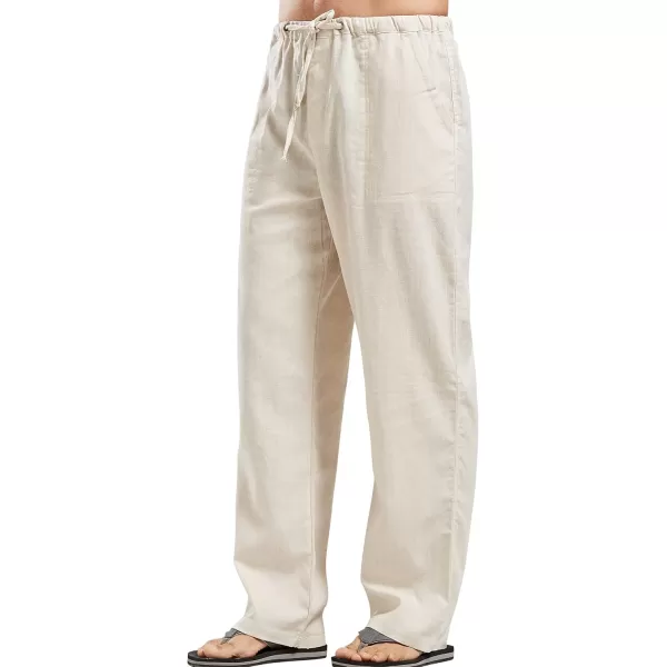 chouyatou Mens Ethnic Stylish Drawstring Elastic Waist Loose Fit Baggy Stripe Linen Harem Beach PantsBeige