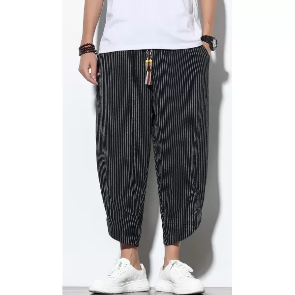 chouyatou Mens Ethnic Stylish Drawstring Elastic Waist Loose Fit Baggy Stripe Linen Harem Beach PantsStripeblack