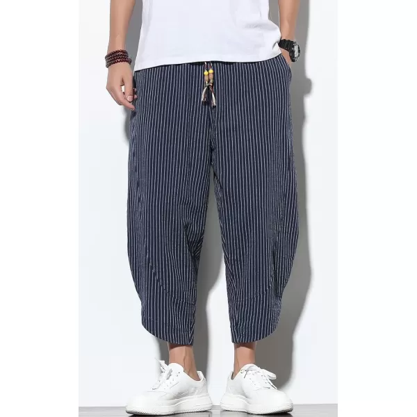 chouyatou Mens Ethnic Stylish Drawstring Elastic Waist Loose Fit Baggy Stripe Linen Harem Beach PantsStripenavy