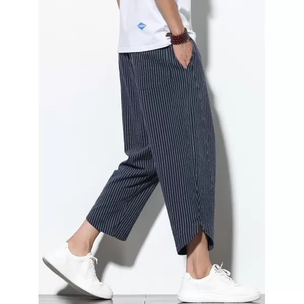 chouyatou Mens Ethnic Stylish Drawstring Elastic Waist Loose Fit Baggy Stripe Linen Harem Beach PantsStripenavy