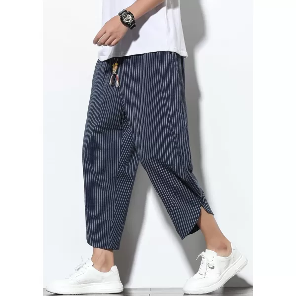 chouyatou Mens Ethnic Stylish Drawstring Elastic Waist Loose Fit Baggy Stripe Linen Harem Beach PantsStripenavy