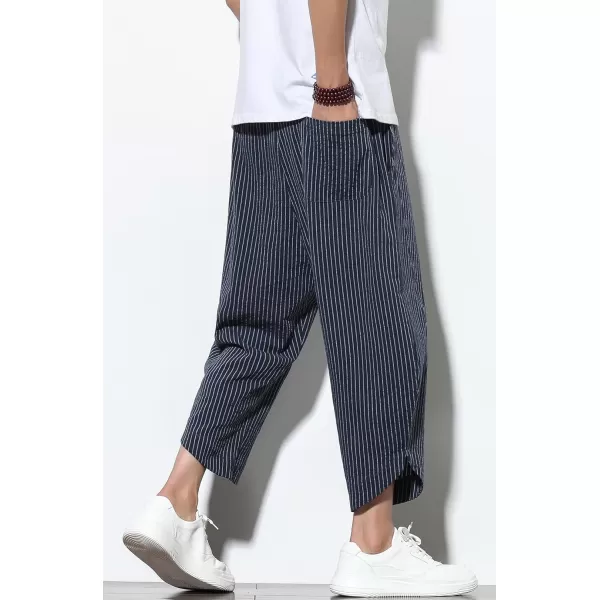 chouyatou Mens Ethnic Stylish Drawstring Elastic Waist Loose Fit Baggy Stripe Linen Harem Beach PantsStripenavy