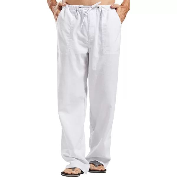 chouyatou Mens Ethnic Stylish Drawstring Elastic Waist Loose Fit Baggy Stripe Linen Harem Beach PantsWhite