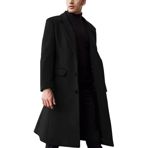 chouyatou Mens Fall Winter Office Single Breasted Long Dress Wool Coat OvercoatBlack