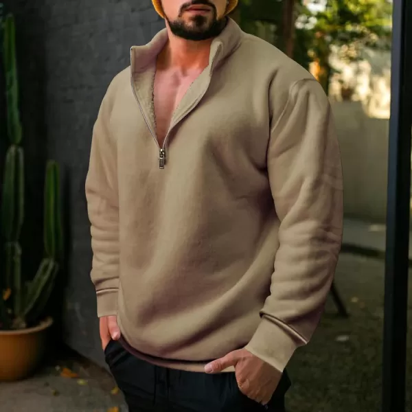 chouyatou Mens Fall Winter Quarter Zip Sweatshirt Casual Fleece Lined Cadet Collar Sweatshit TopCamel