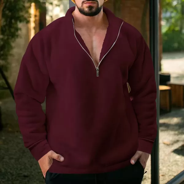 chouyatou Mens Fall Winter Quarter Zip Sweatshirt Casual Fleece Lined Cadet Collar Sweatshit TopWine Red