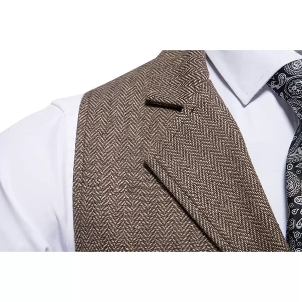 chouyatou Mens Herringbone Tweed Vest Notched Lapel Single Breasted Sleeveless Vest JacketCoffee
