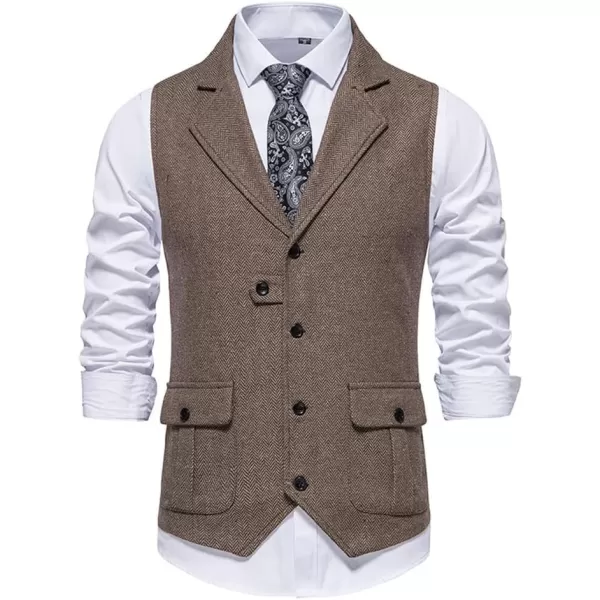 chouyatou Mens Herringbone Tweed Vest Notched Lapel Single Breasted Sleeveless Vest JacketCoffee