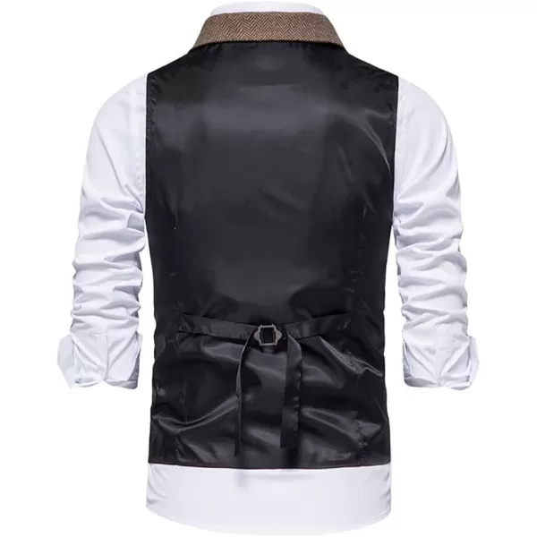 chouyatou Mens Herringbone Tweed Vest Notched Lapel Single Breasted Sleeveless Vest JacketCoffee