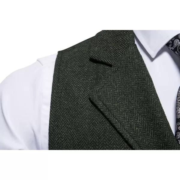 chouyatou Mens Herringbone Tweed Vest Notched Lapel Single Breasted Sleeveless Vest JacketDark Green
