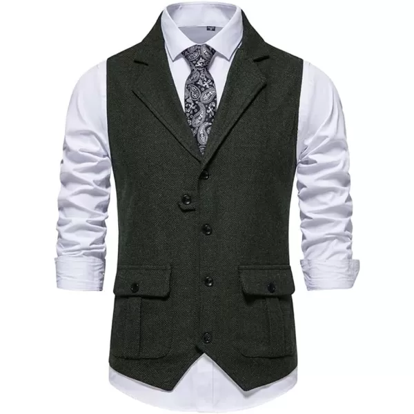 chouyatou Mens Herringbone Tweed Vest Notched Lapel Single Breasted Sleeveless Vest JacketDark Green