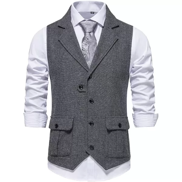 chouyatou Mens Herringbone Tweed Vest Notched Lapel Single Breasted Sleeveless Vest JacketGray