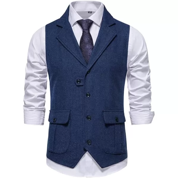 chouyatou Mens Herringbone Tweed Vest Notched Lapel Single Breasted Sleeveless Vest JacketNavy