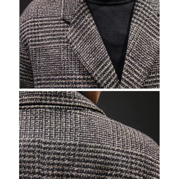 chouyatou Mens Stylish Office Double Breasted Long Plaid Wool Pea Coat OvercoatBrown