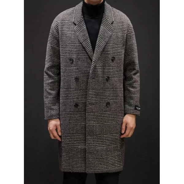 chouyatou Mens Stylish Office Double Breasted Long Plaid Wool Pea Coat OvercoatBrown