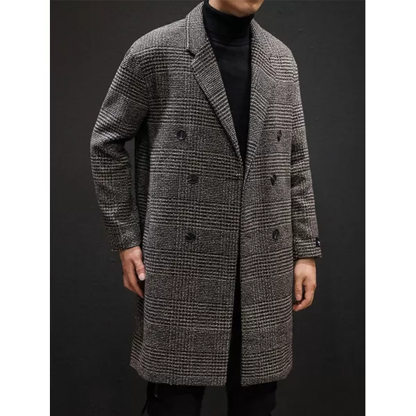 chouyatou Mens Stylish Office Double Breasted Long Plaid Wool Pea Coat OvercoatBrown