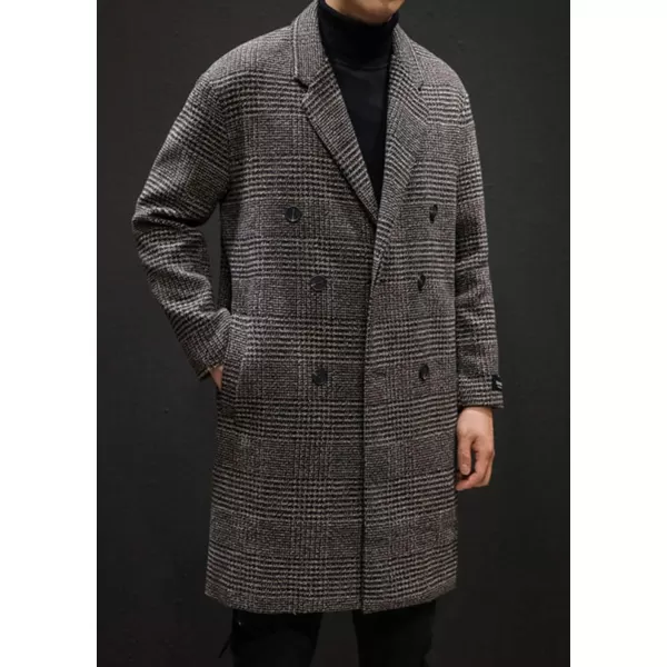 chouyatou Mens Stylish Office Double Breasted Long Plaid Wool Pea Coat OvercoatBrown